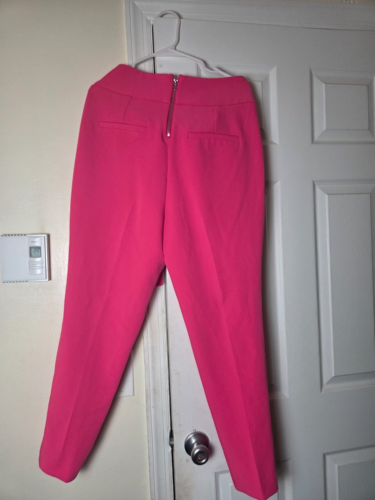 Hot Pink Self-Belted High Waist Tapered Pants for Women Slim Fit Office Trousers
