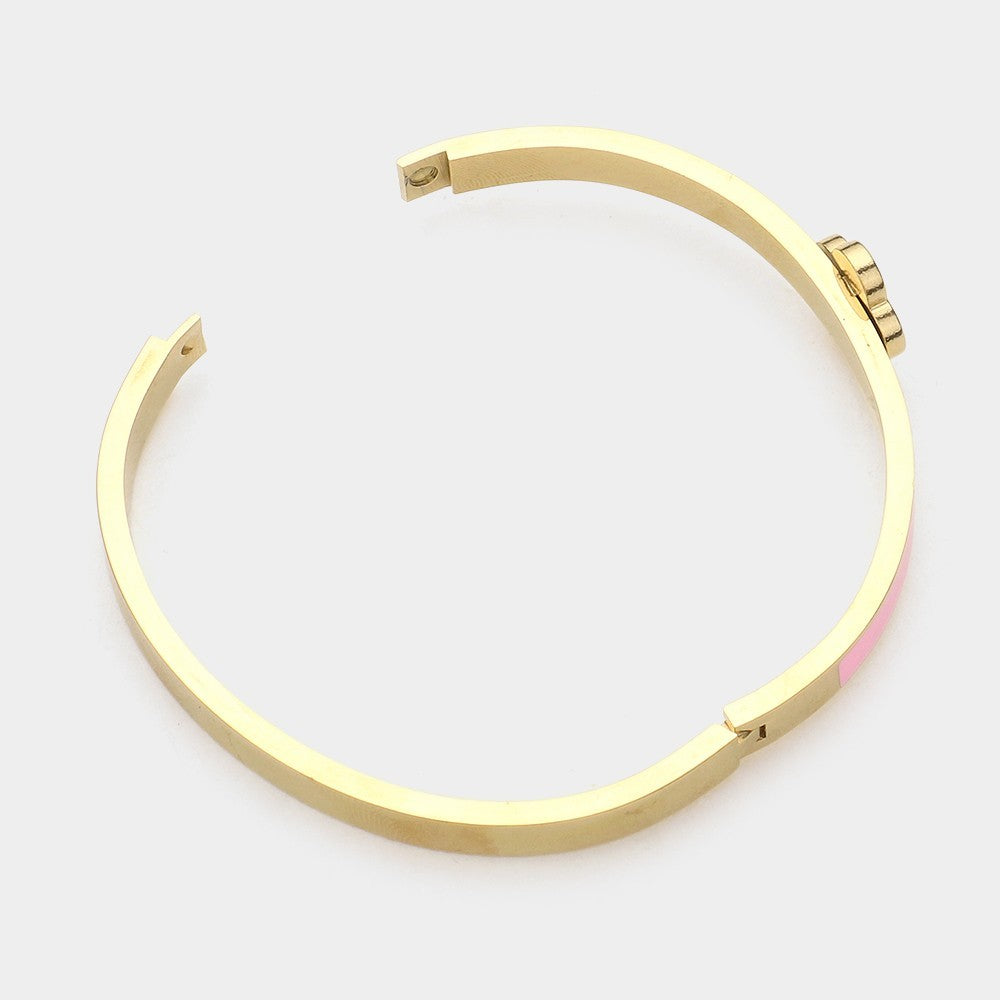 Gold and Pink Quatrefoil Stainless Steel Hinged Bangle Bracelet for Women