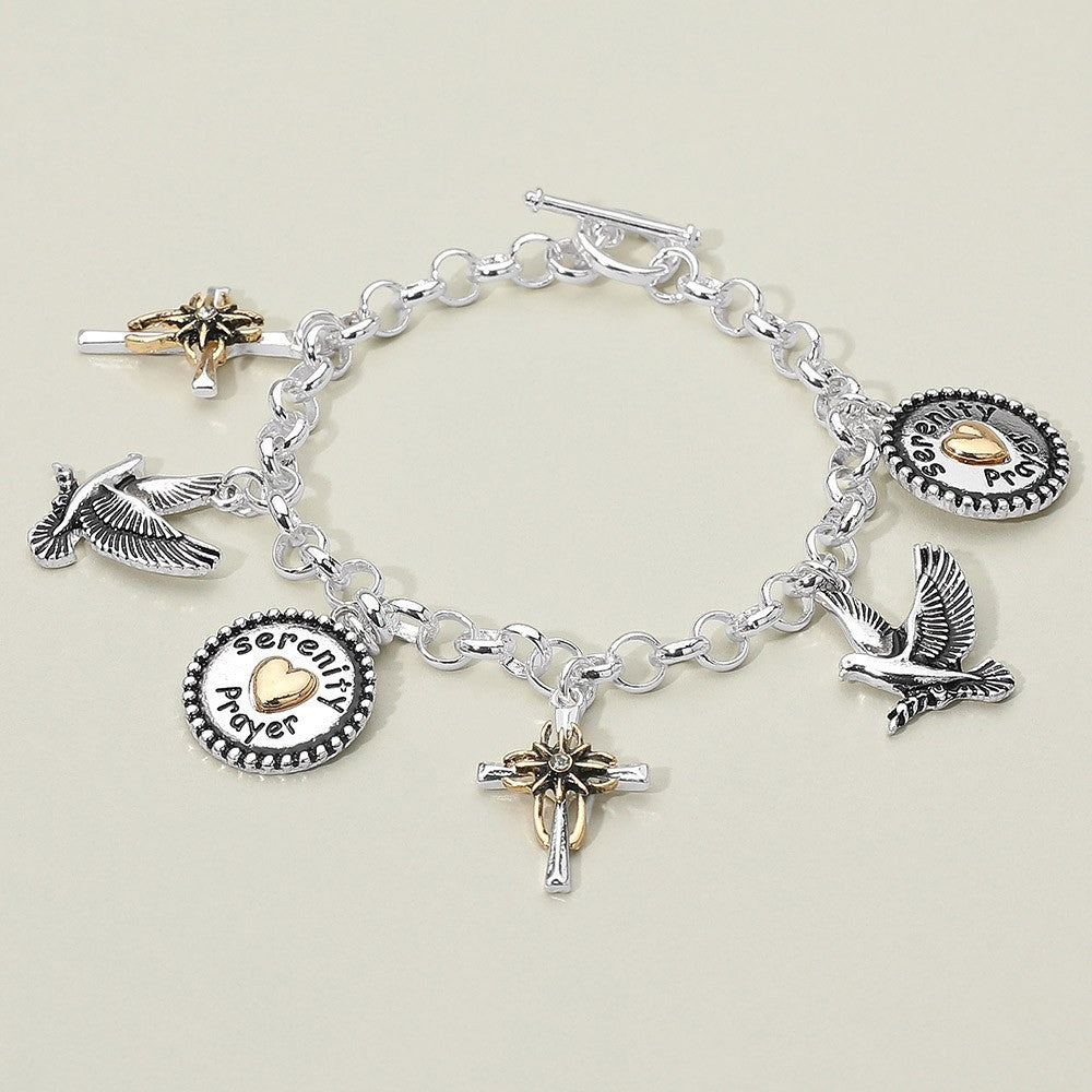 2PCS Serenity Prayer Dove Cross Charm Bracelet Silver Tone Inspirational Gift