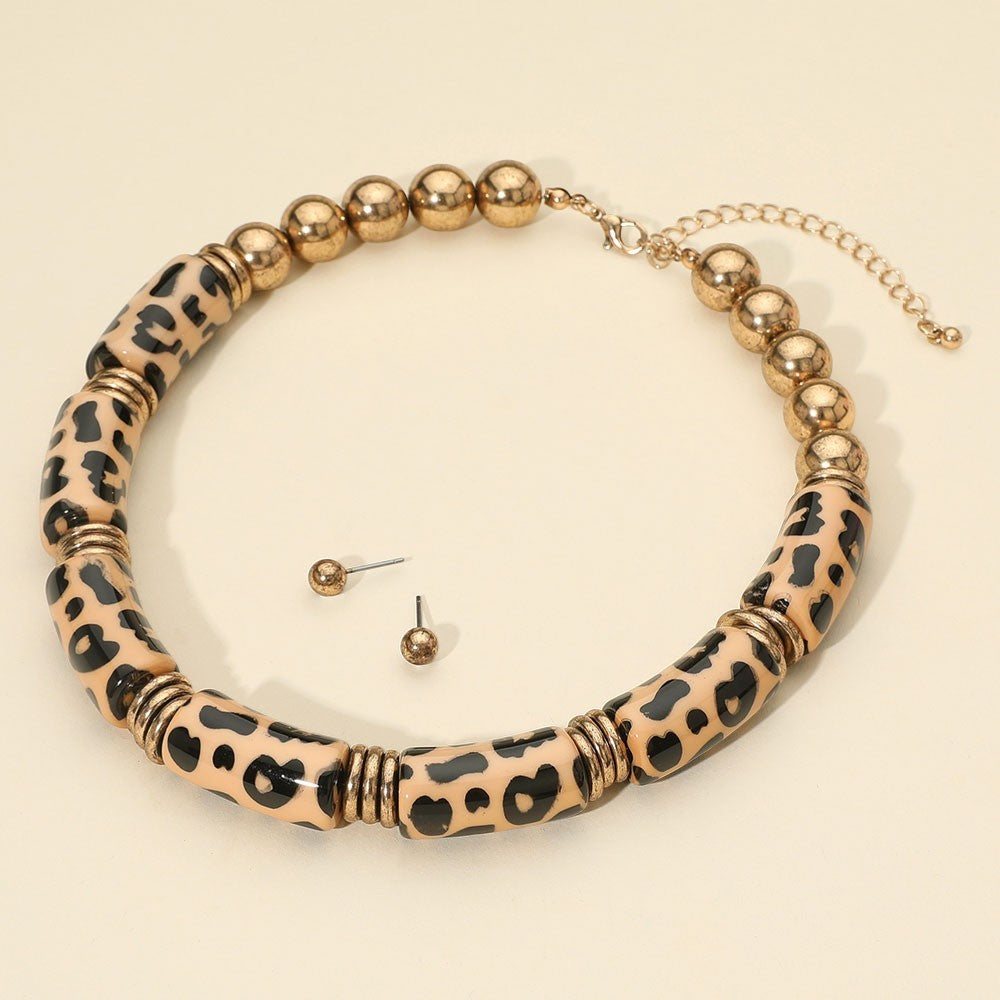 Bold Leopard Printed Resin Bar Beaded Necklace Trendy Animal Print Statement