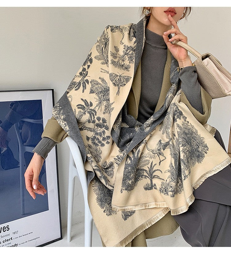 Neutral Toile De Jouy Print Scarf Shawl Wrap Winter Warm Long Reversible