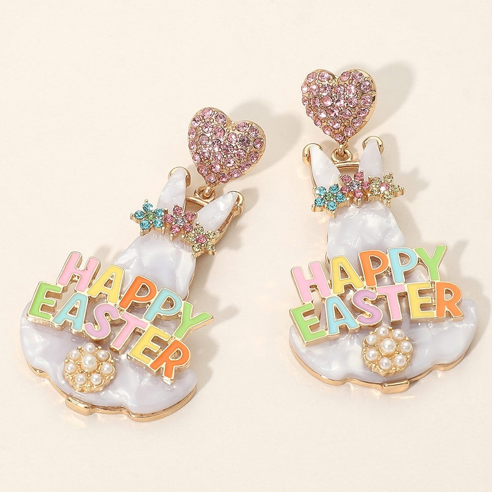 Pastel Happy Easter Bunny Dangle Earrings Heart Crystal Holiday Jewelry