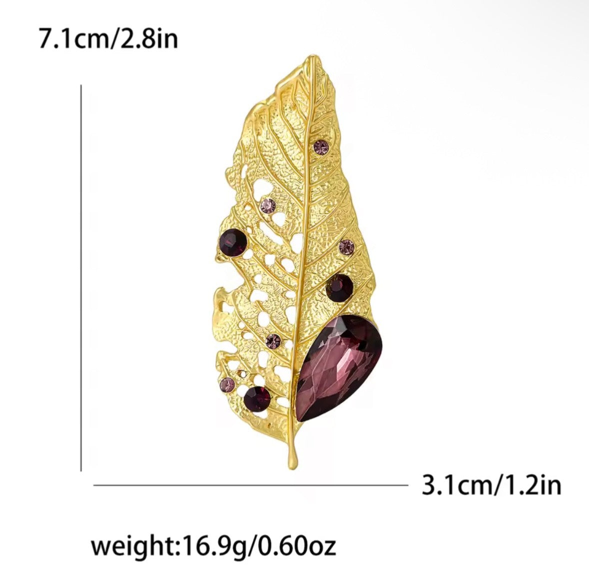 Vintage Gold Leaf Brooch Purple Crystal Rhinestone Pin - Filigree Autumn Jewelry