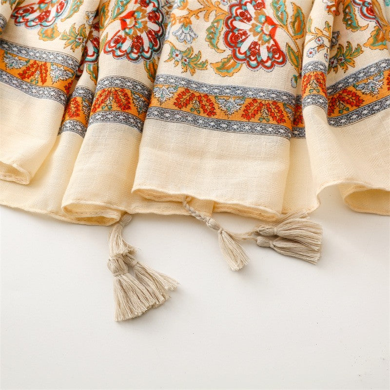 Boho Chic Floral Print Scarf for Women Soft Lightweight Cotton Tassel Wrap