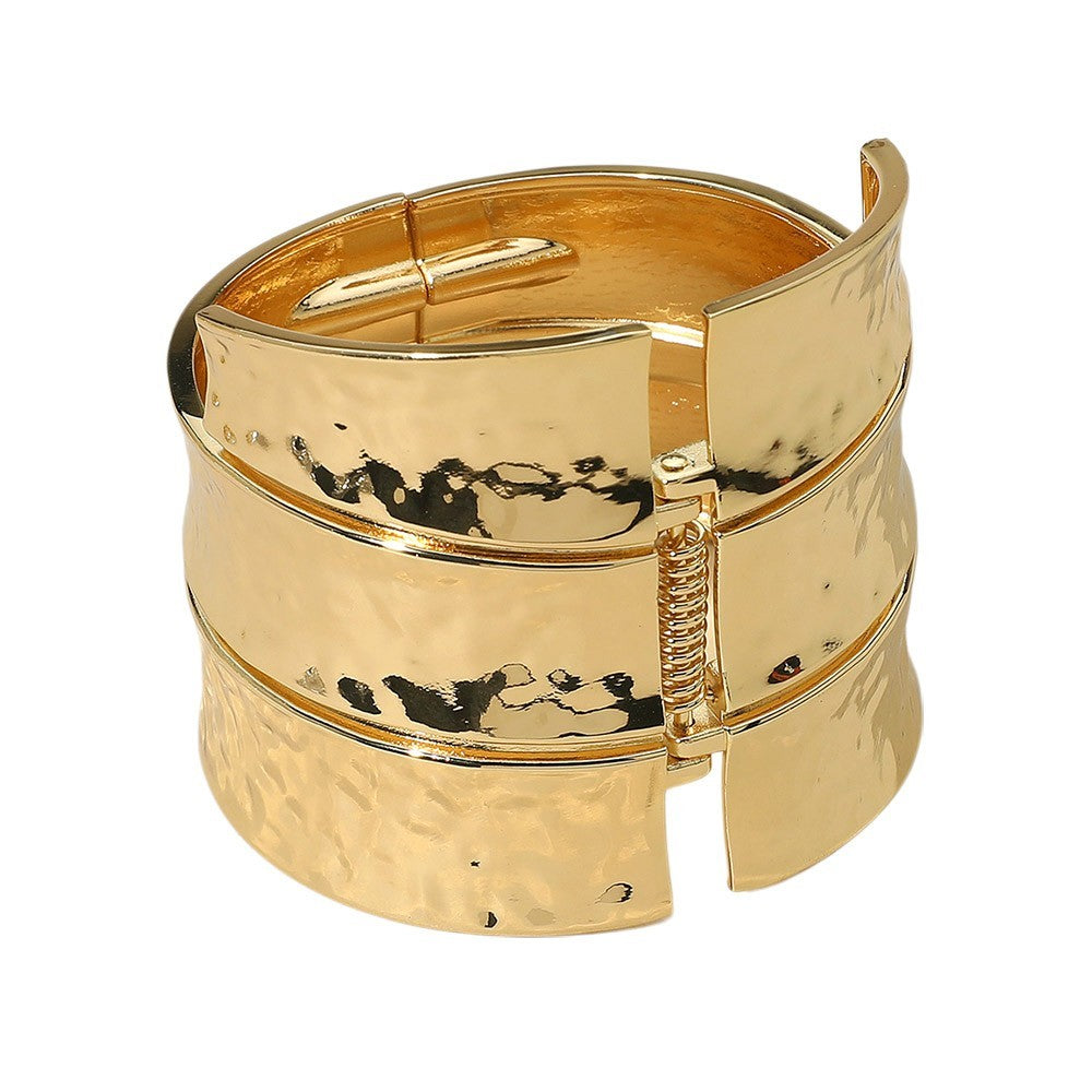 2pcs Wide Hammered Hinged Bangle Bracelet Set Gold Silver Tone Statement