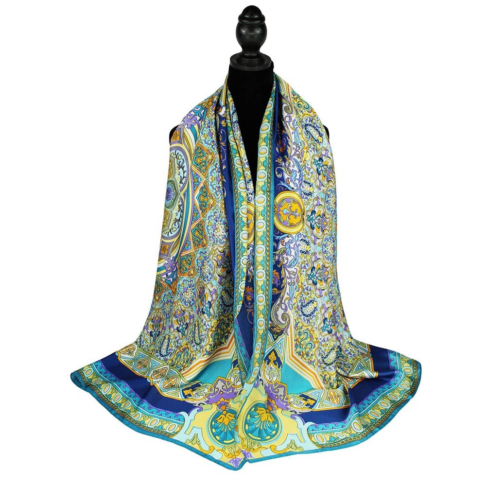 Ornamental Mandala Print Silky Satin Oblong Scarf Shawl Women’s Fashion Wrap