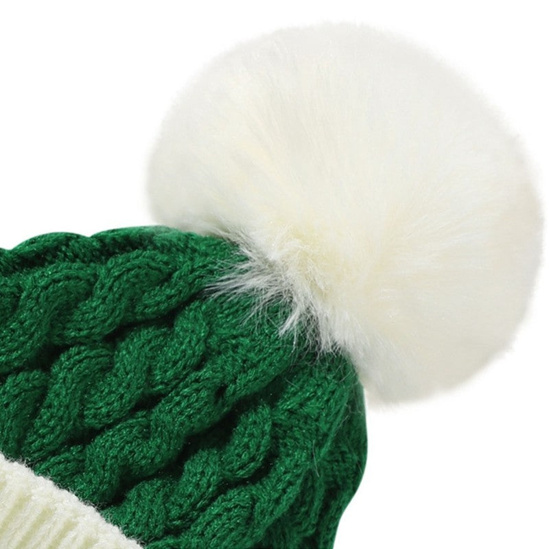 Green White Cotton Cable Knit Beanie Hat Cuffed Winter Faux Fur Pom Pom Cap