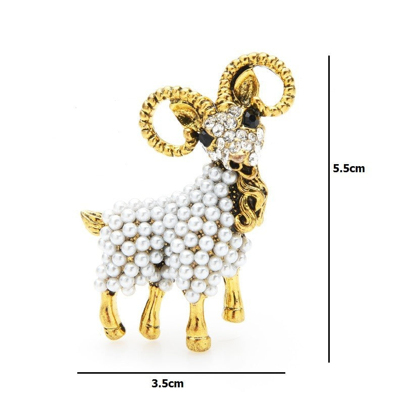 Pearl Rhinestone Ram Sheep Brooch Pin Pendant Chinese Zodiac Gift