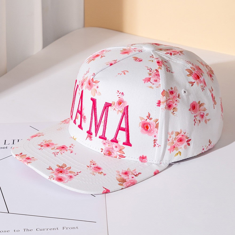 Mama Floral Print Baseball Cap Adjustable Snapback Hat White Rose Pattern Hat