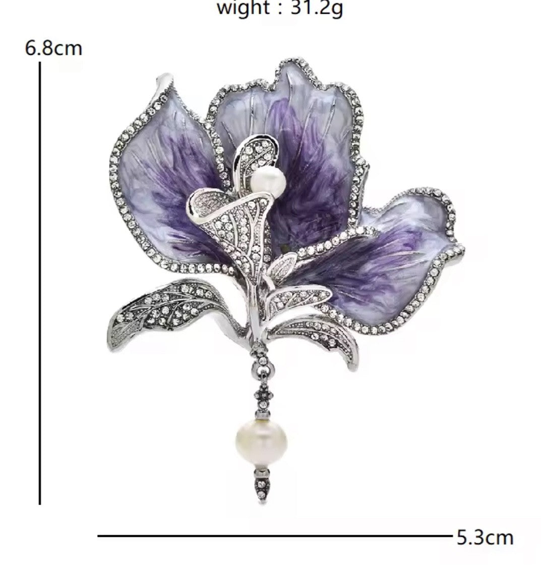 Luxury Purple Enamel Iris Brooch - Crystal Rhinestone & Pearl Floral Garden Pin