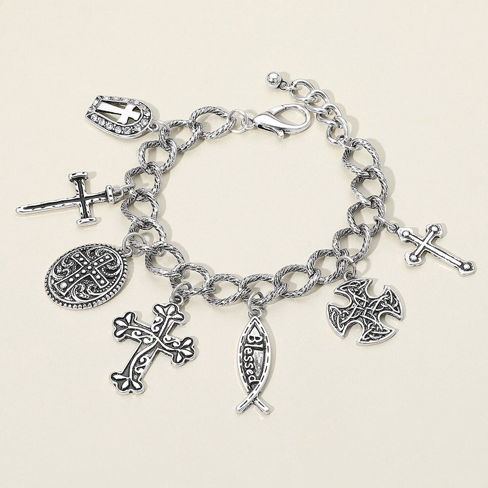 Antique Style Metal Cross Charm Bracelet for Women with Rhinestone Paved Accents