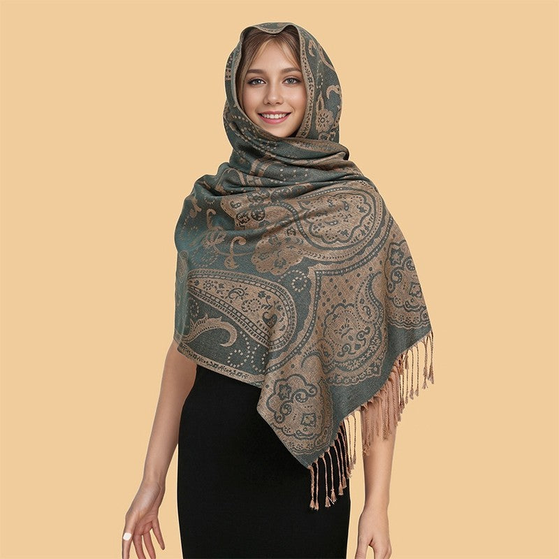 Cashmere Feel Paisley Scarf Shawl Wrap Jacquard Fringed Warm Green Taupe