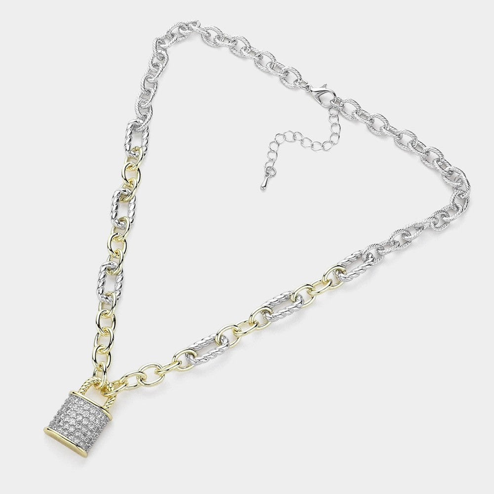 14K Gold Plated CZ Lock Pendant Two Tone Chain Necklace for Women Fashion