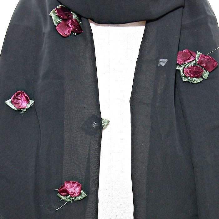 Ribbon Flower Accented Black Scarf – Elegant Fashion Accessory for Women