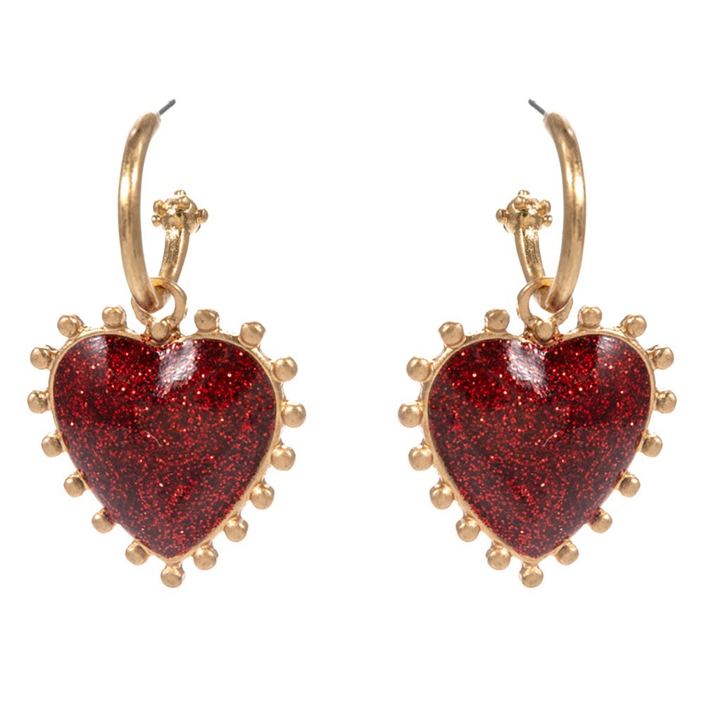 Gold Tone Glitter Red Heart Dangle Hoop Earrings Metal Bead Rim Statement Jewel