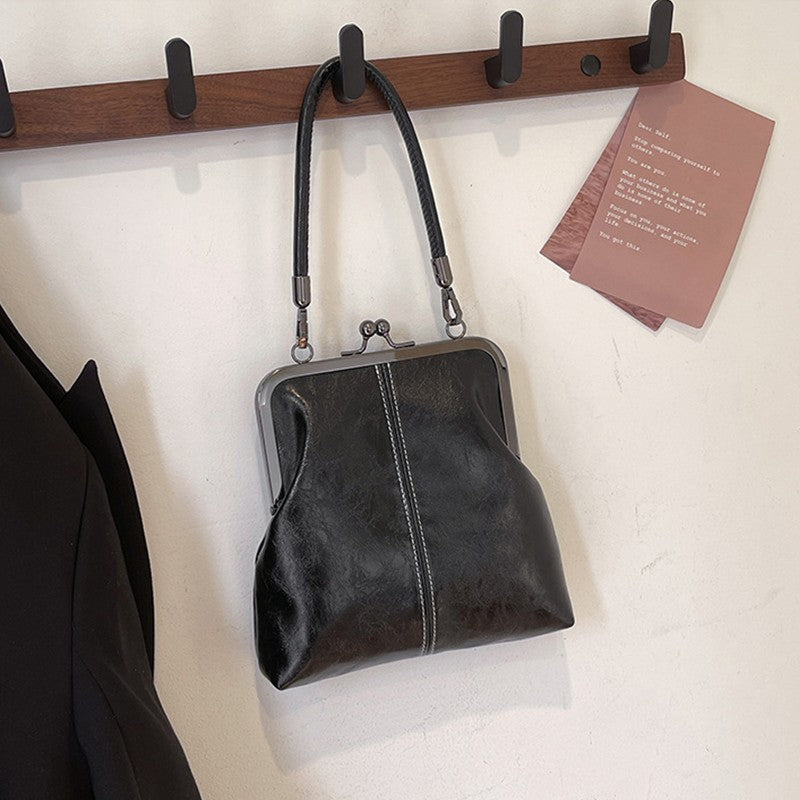 Vintage Black Kiss Lock Frame Bag Shoulder Crossbody Handbag Purse Retro Clutch