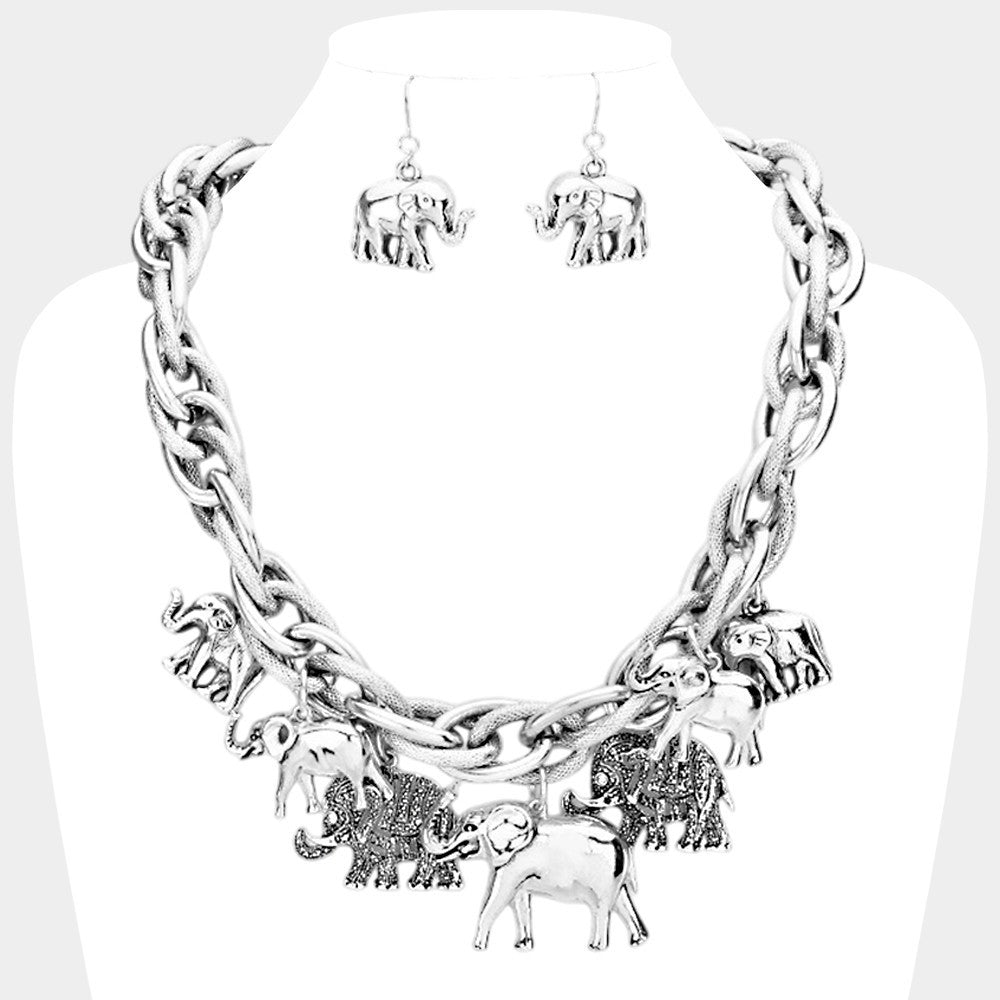 3pcs Elephant Charm Jewelry Set Statement Necklace Earrings Silver Tone Animal T