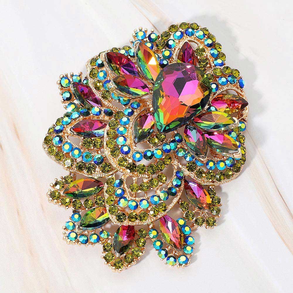 2pcs Large Floral Crystal Brooch Set Iridescent Rhinestone Flower Pin Bouquet