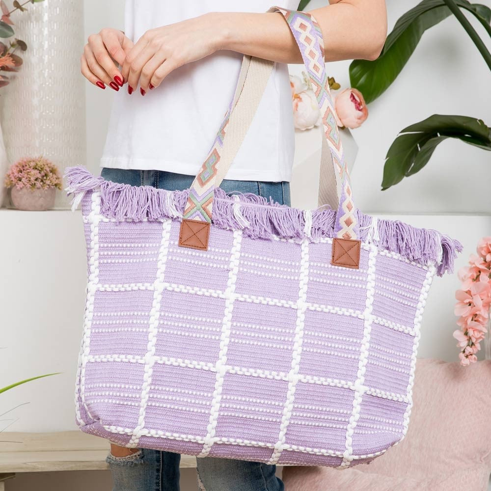 Large Capacity Purple Striped Canvas Tote Bag Lightweight Travel Weekend Handbag