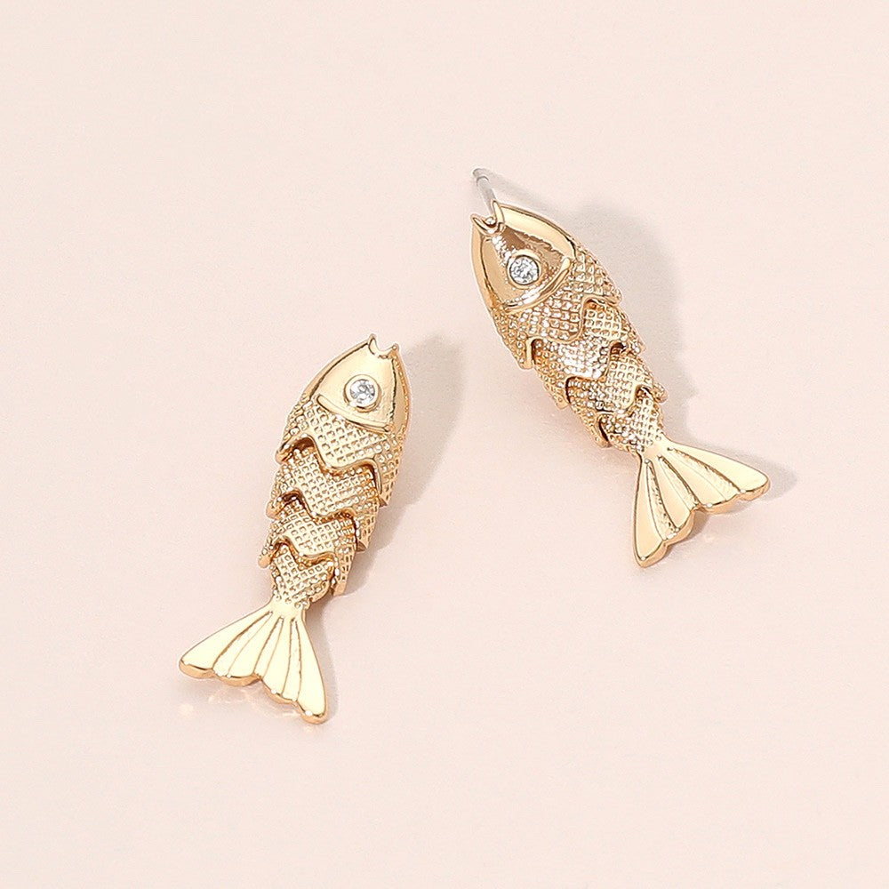 Articulated Gold Fish Stud Earrings - Jointed Moving Koi Statement Jewelry