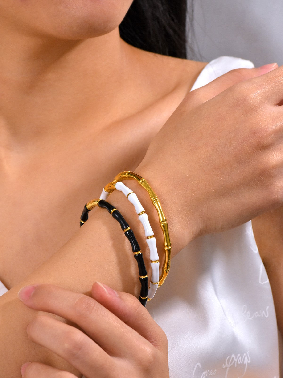 3PC Bamboo Bangle Bracelet Set Gold Tone White Black Enamel Stackable