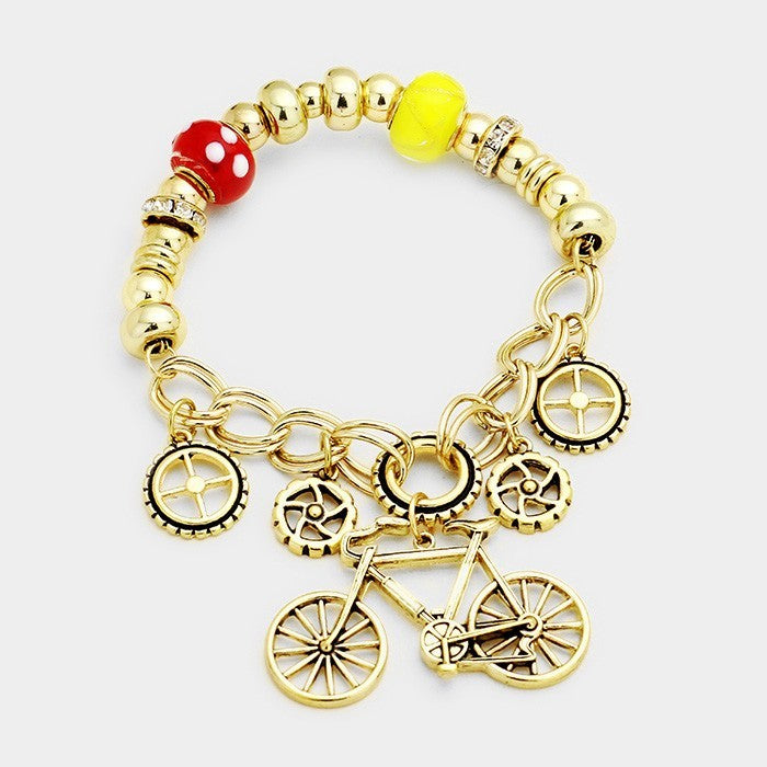 Bicycle Charm Stretch Bracelet Gold Tone Red Yellow Beaded Boho Fun 1.5"