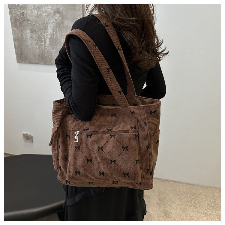 Coquette Corduroy Tote Bag Brown Bow Print Shoulder Purse Large Capacity Multi-P