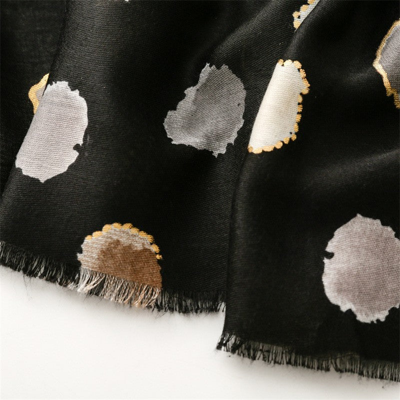 Women's Boho Abstract Spotted Scarf Black Gold Fringe Wrap Shawl Lightweight
