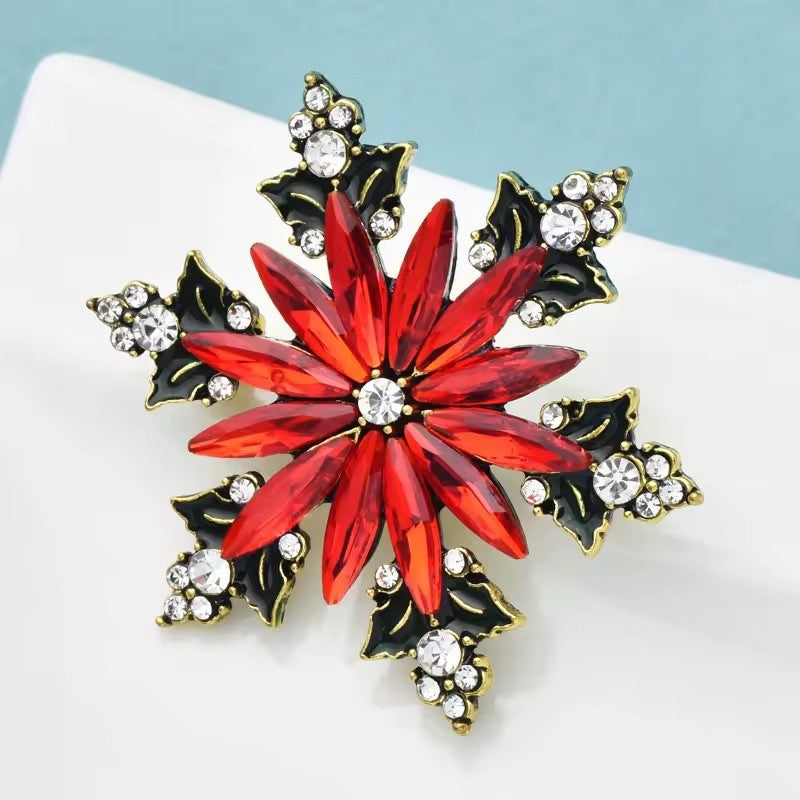 Red Poinsettia Snowflake Brooch: Crystal Holiday Pins for Women