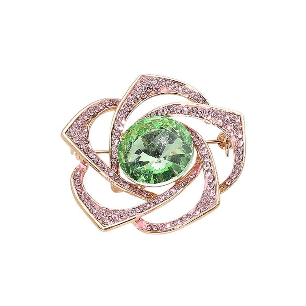 Round Glass Stone Flower Pin Brooch – Pointed Rhinestone Pave Sparkle Accessory