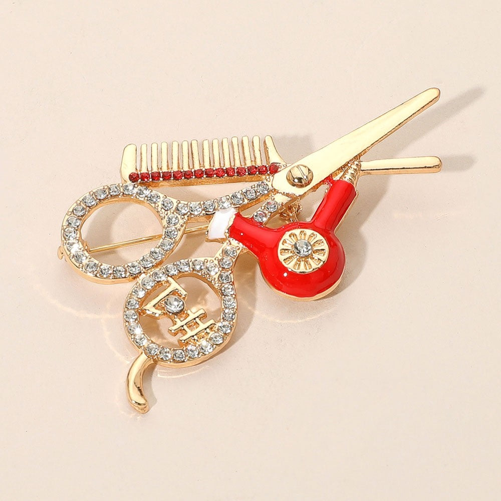 Gold Red Scissors Comb Blow Dryer Hairstylist Brooch Pin Fashion Jewelry