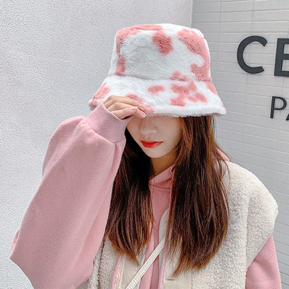 Fun Fluffy Pink Cow Print Faux Fur Bucket Hat Warm Winter Women's Fisherman Cap