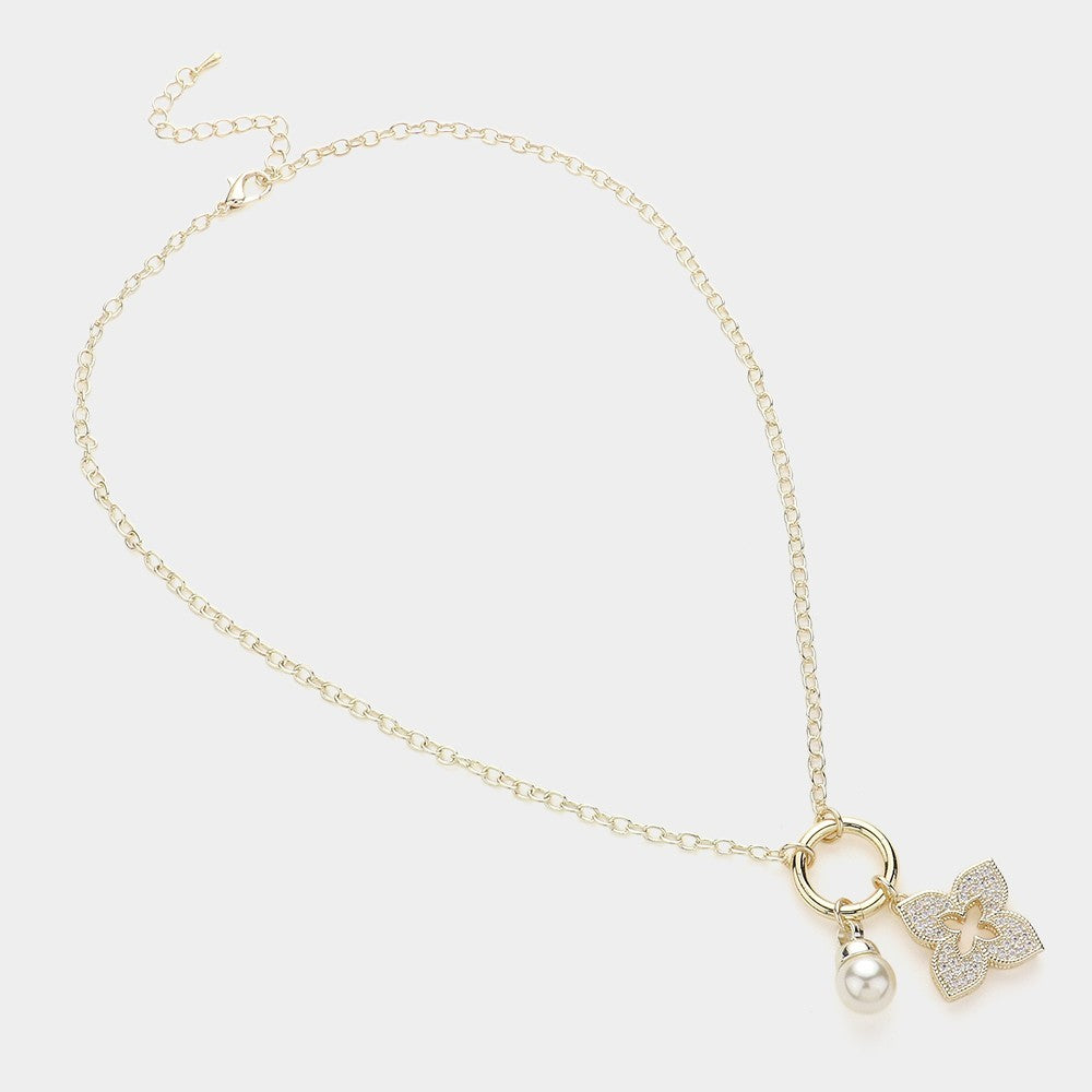 14K Gold Plated CZ Paved Clover Natural Pearl Charm Pendant Necklace Adjustable