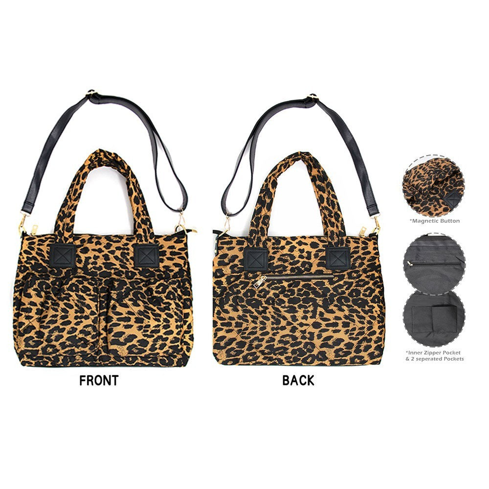 Leopard Print Puffer Tote Bag for Women Large Shoulder Handbag Travel Carryall