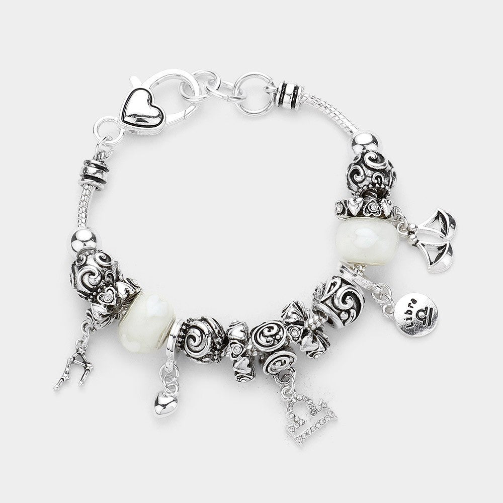 Libra Zodiac Multi-Bead Charm Bracelet – Silver Tone Astrology Jewelry