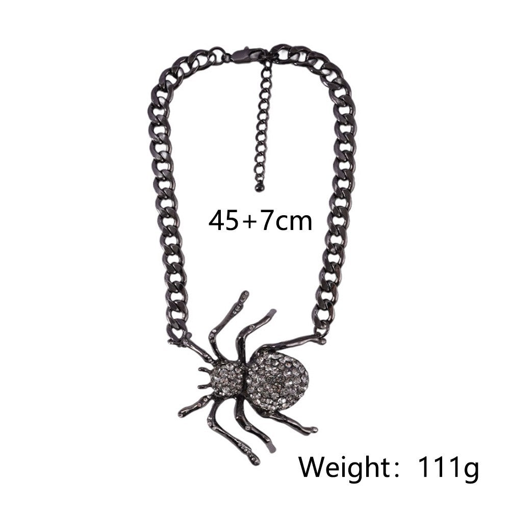Large Spider Rhinestone Pendant Gunmetal Cable Chain Gothic Halloween Necklace