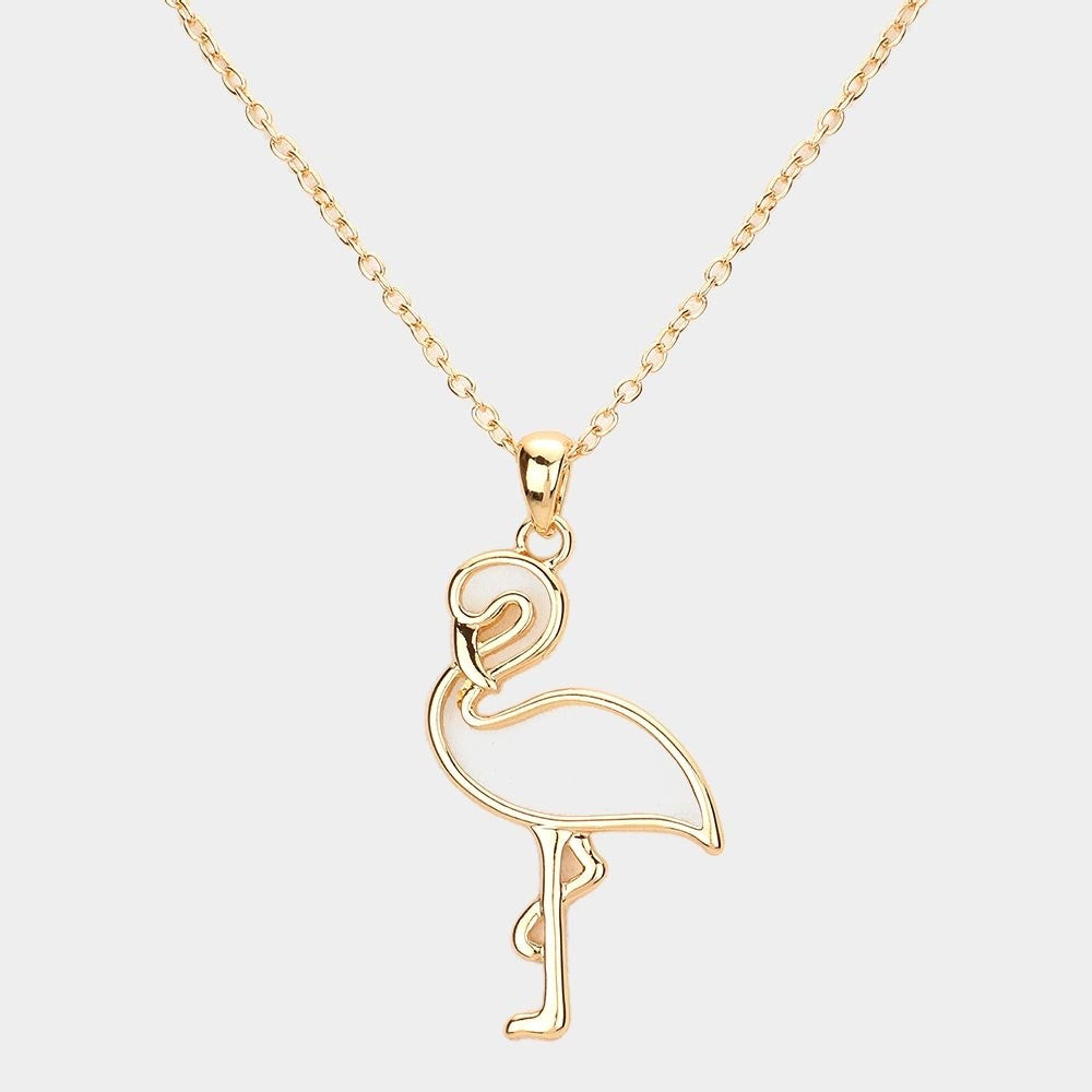 Gold Enamel Flamingo Pendant Necklace Tropical Summer Bird Charm 18" L + 3" L