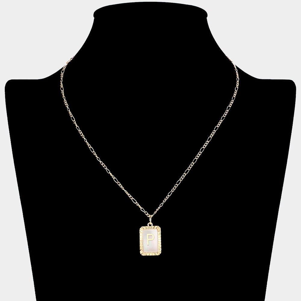 Gold Figaro Chain Initial Necklace - Iridescent Genuine Shell Letter Pendant
