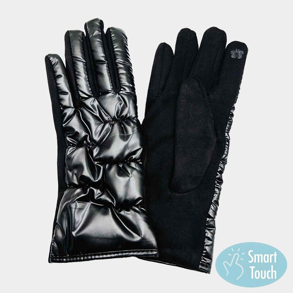 Women's Black Puffer Quilted Smart Touch Screen Gloves for Fall and Winter