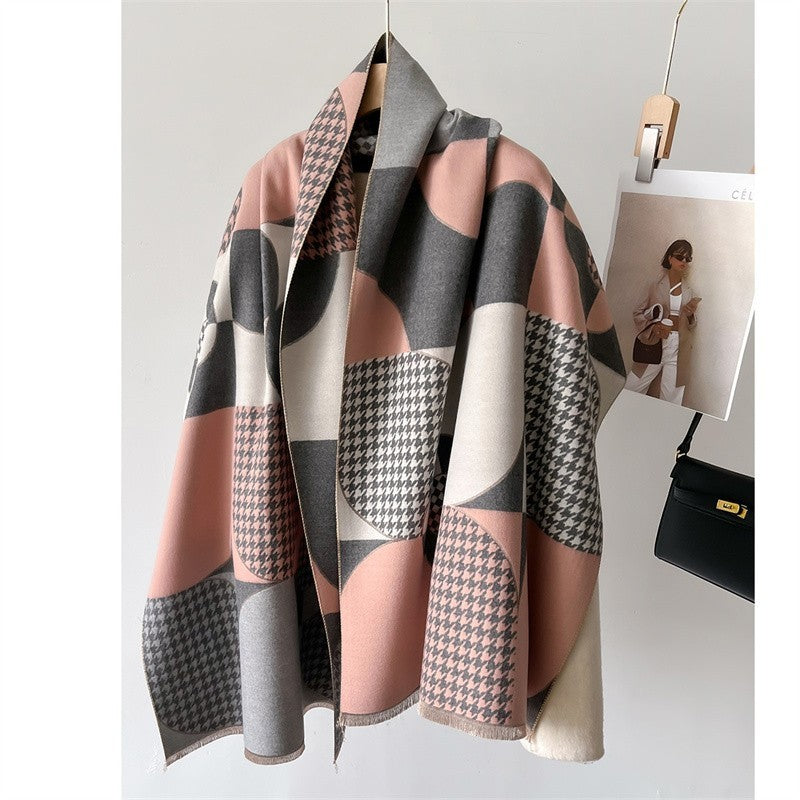 Geometric Houndstooth Soft Cashmere Feel Shawl Wrap Scarf Pink Gray White