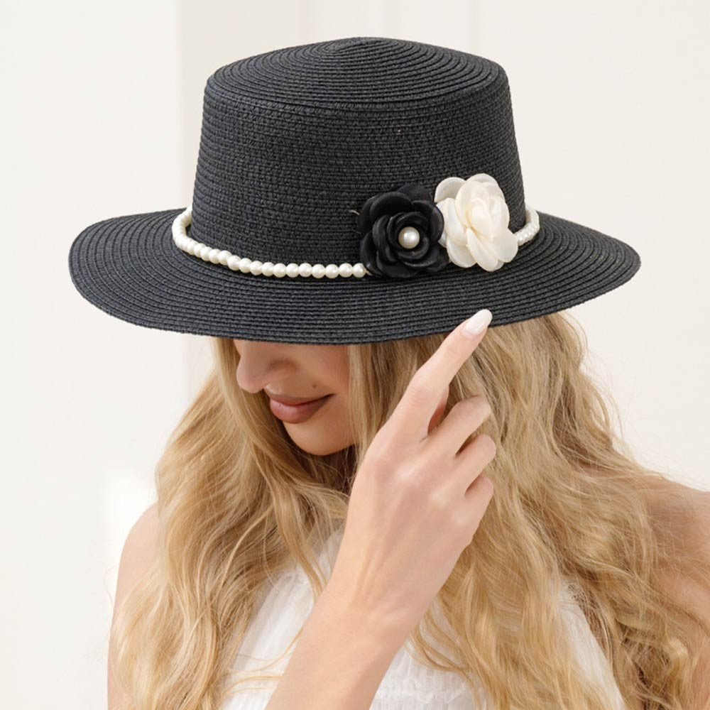 Womens Black & White Double Flower Accent Pearl Band Straw Sun Hat 100% Paper