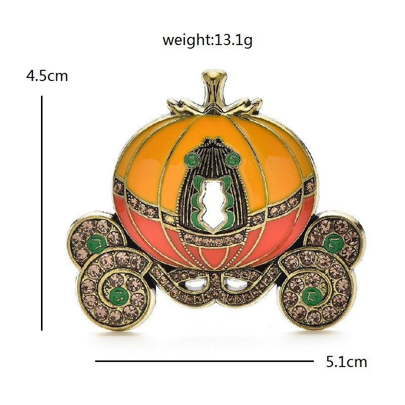 Fairytale Rhinestone Enamel Pumpkin Carriage Brooch Pin Cinderella Coach Jewelry