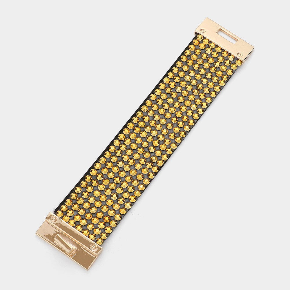 Gold Tone Rhinestone Wide Cuff Bracelet with Turn Lock Closure Bold Statement