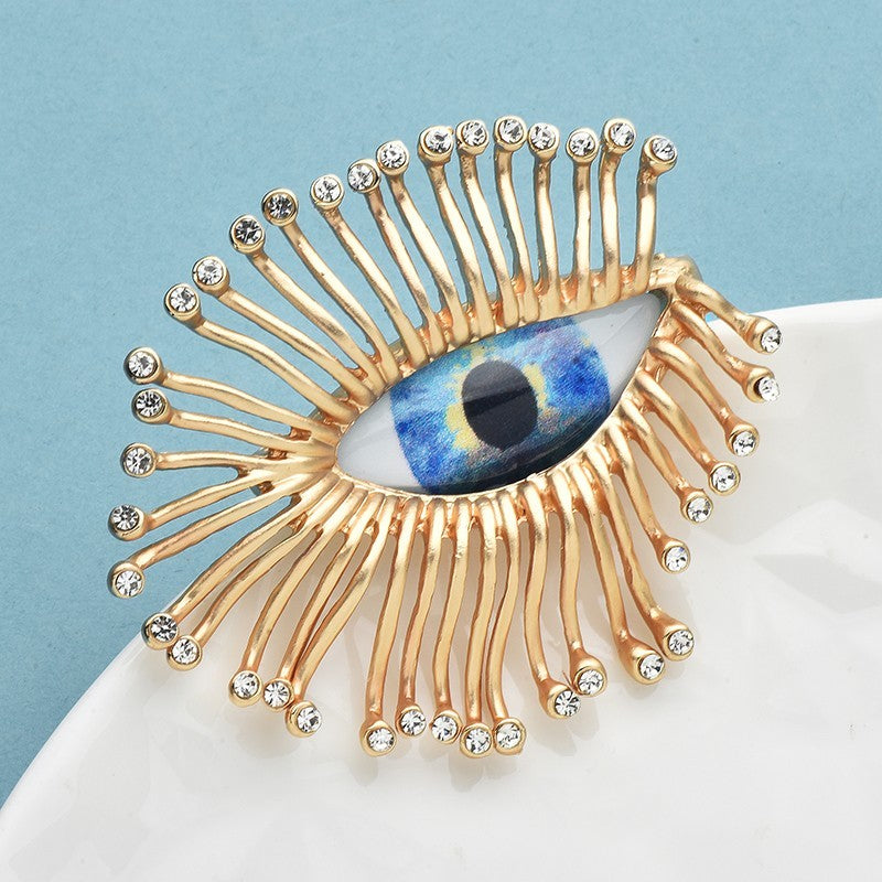 Eye Brooch Pin Gold Tone Crystal Rhinestone Statement Jewelry Accessory