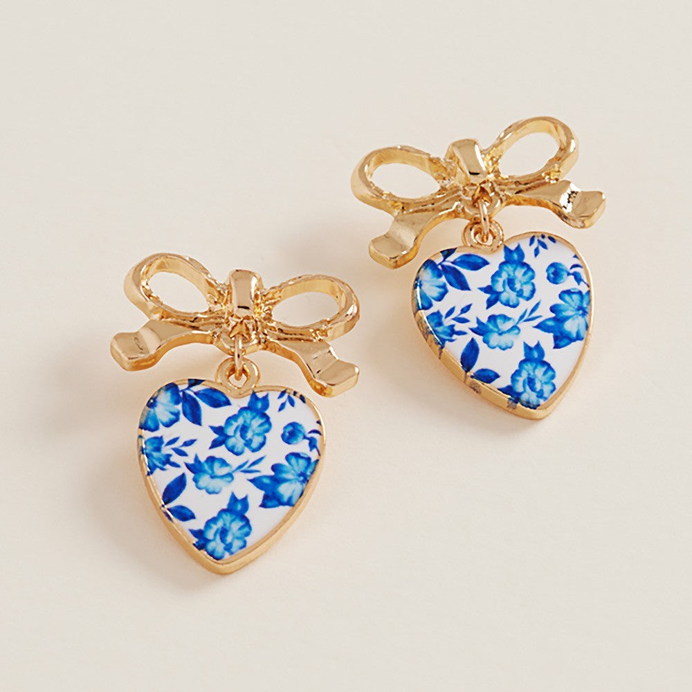 Vintage Bow Heart Drop Earrings for Women – Floral Charm Romantic Jewelry
