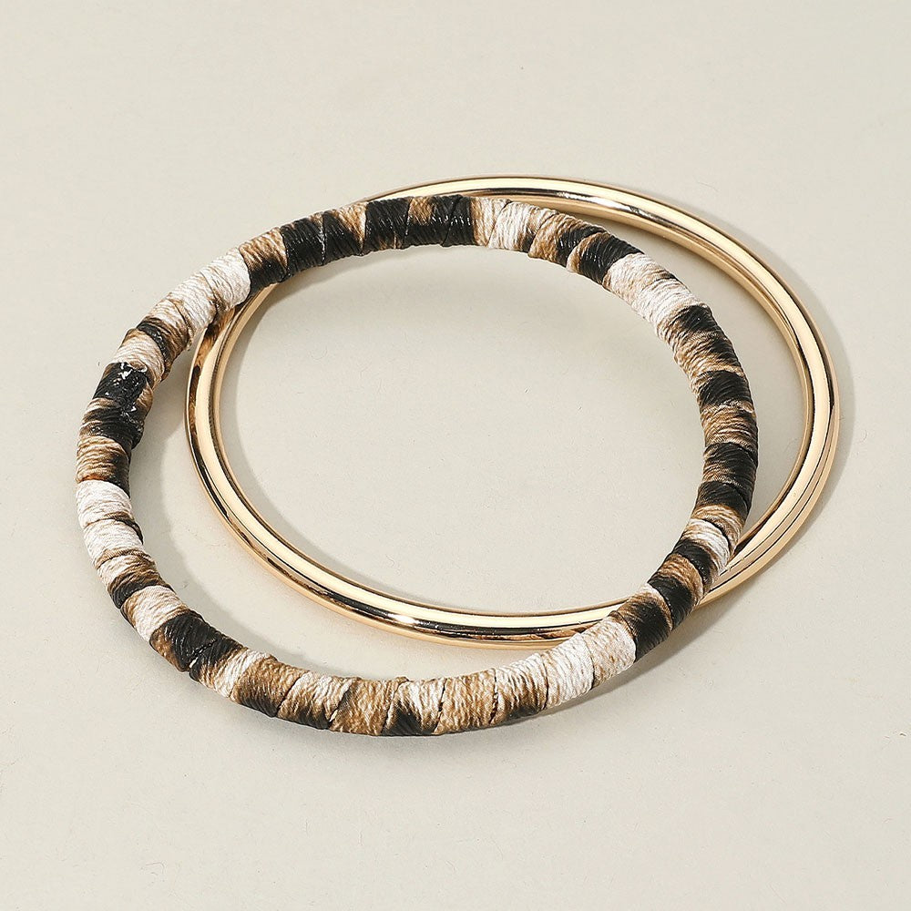 2PCS Metal Leopard Fabric Covered Bangle Layered Bracelets for Women