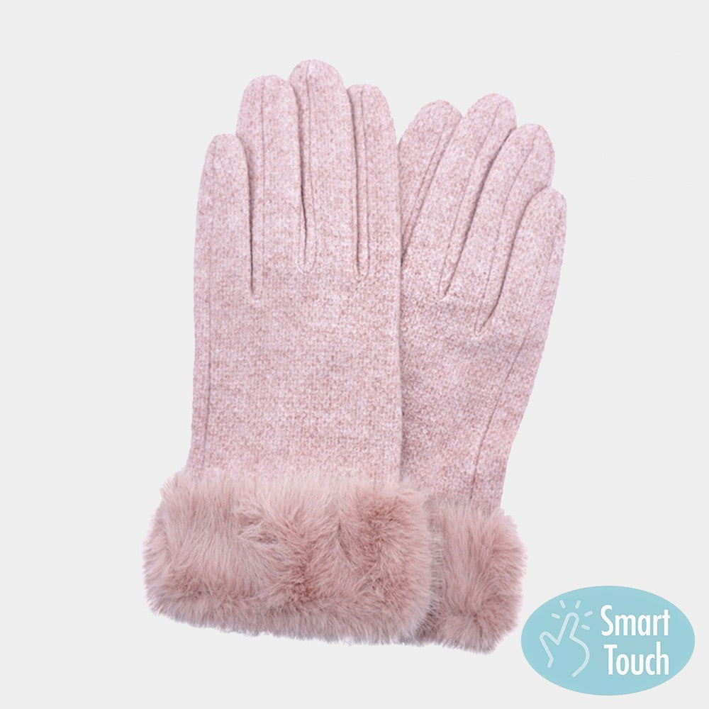 2 Pcs Women's One Size Fuzzy Collar Smart Touch Warm Winter Faux Fur Gloves Pink