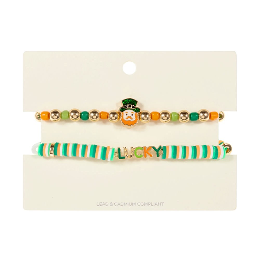St. Patrick's Day Leprechaun & Lucky Bracelet Set - 2pc Green & Gold Stretch