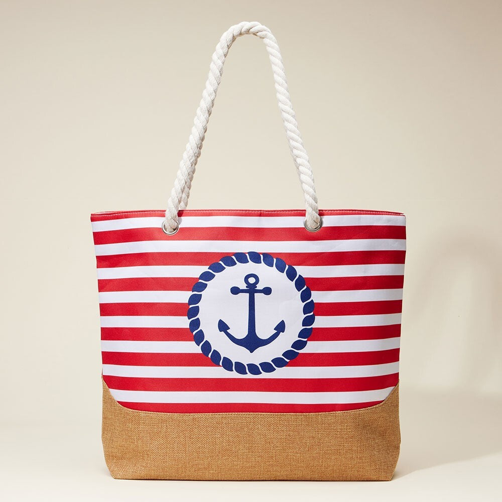 Nautical Anchor Striped Beach Tote Bag with Rope Handles Large Summer Travel