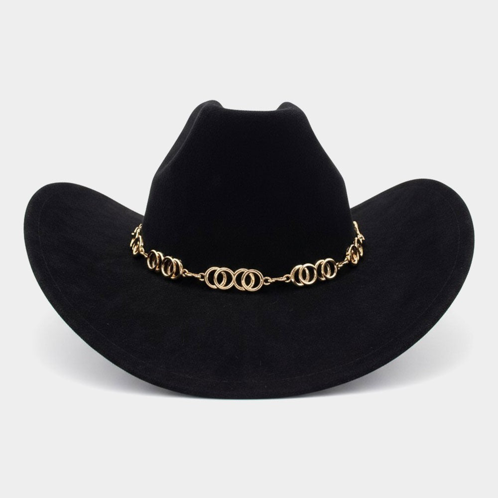 Black Felt Western Cowboy Hat w/ Gold Chain Band Women’s Fashion One Size